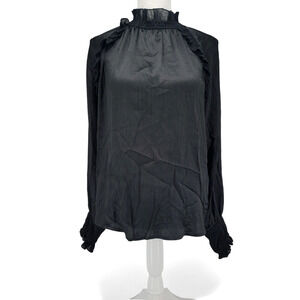 Yest‎ Black Ruffle Mock Neck Blouse Sample Size 6 Romantic Feminine Minimal Top